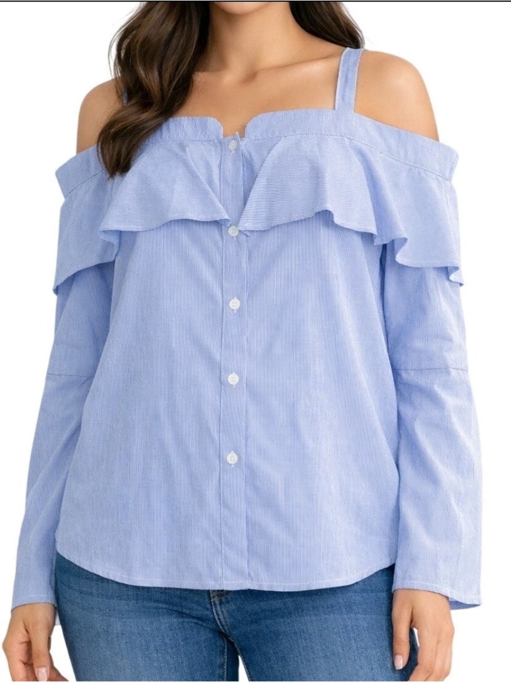 Trouvé Nordstrom Blue Striped Ruffle Cotton Blouse Top SZ M